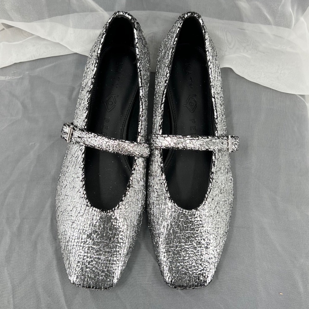 Katy Perry 9M The Evie Mary Jane Women Silver Cracked Metallic Flat KP3265